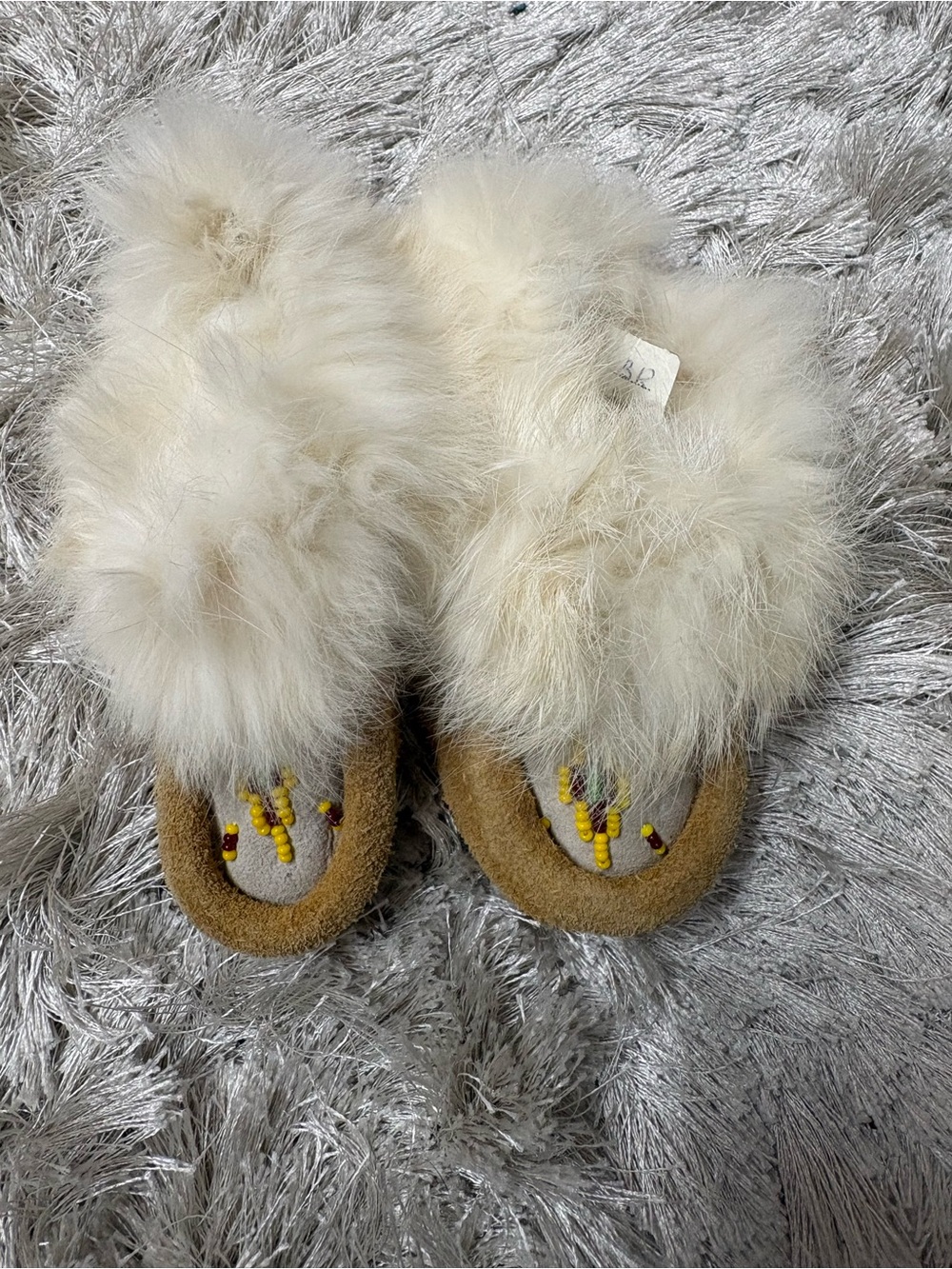 Toddler Plush Cream handmade Fur Beaded Moccasin Slippers